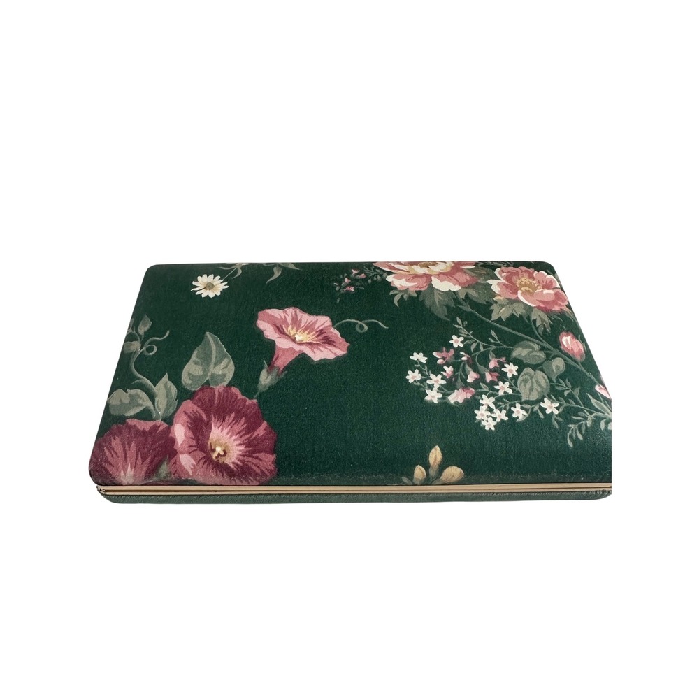 Vintage Floral Velvet Jewelry Box Green Pink Morning Glory Mirror Organizer Case